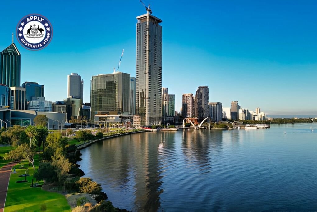 Aerial view of Perth skyline at sunset from Swan River