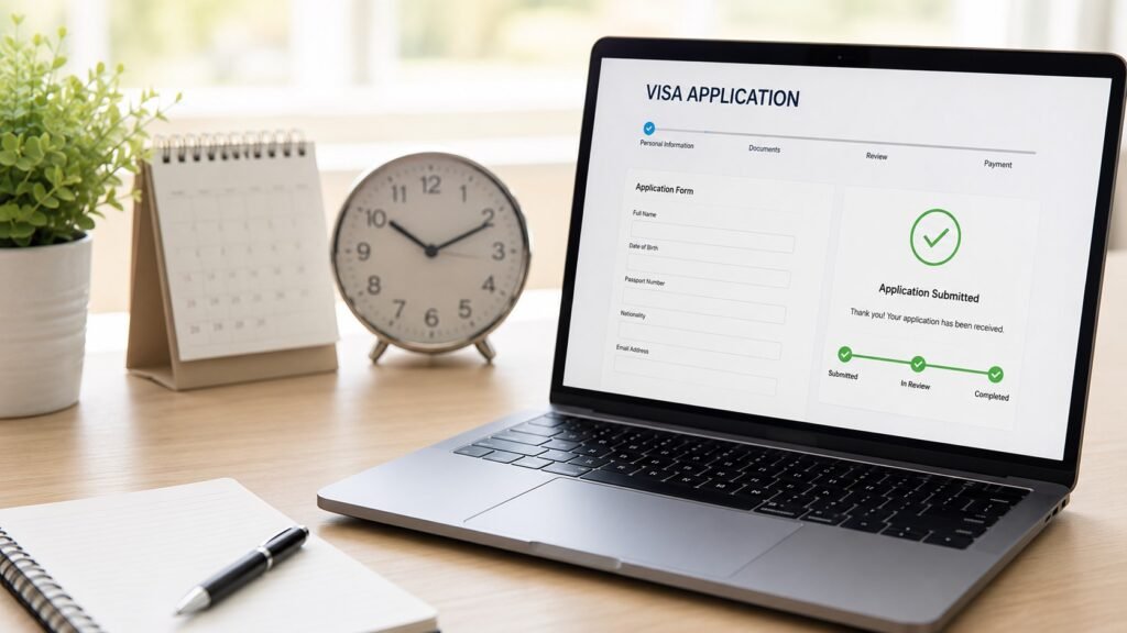 Modern workspace with visa application form