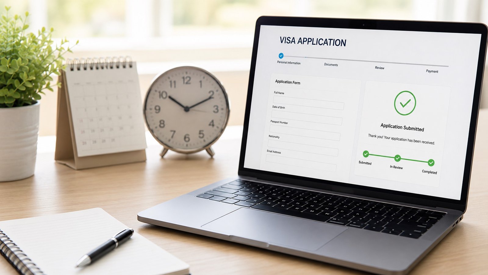 Modern workspace with visa application form