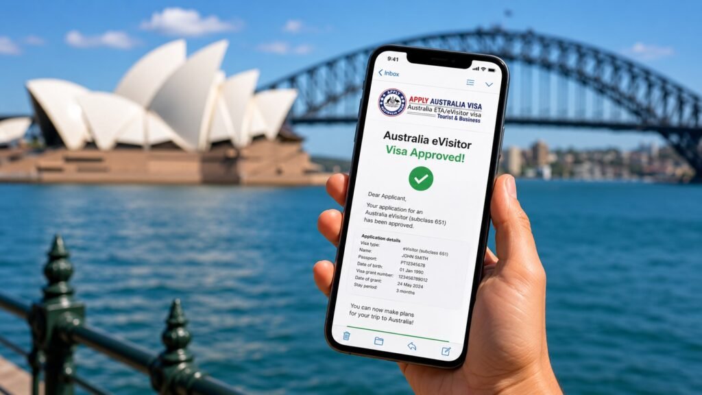 Visa approval with Sydney skyline backdrop